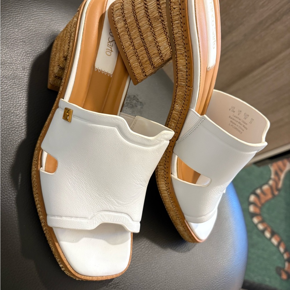 Franco Sarto White Leather Mules with Tan Wedge
